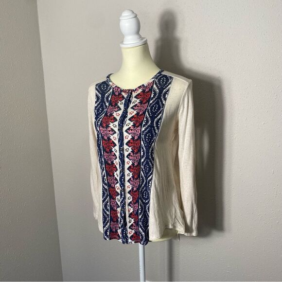 Lucky Brand Boho Southwest Long Sleeve Roll Tab Button Front top Women's Size M - Picture 14 of 16